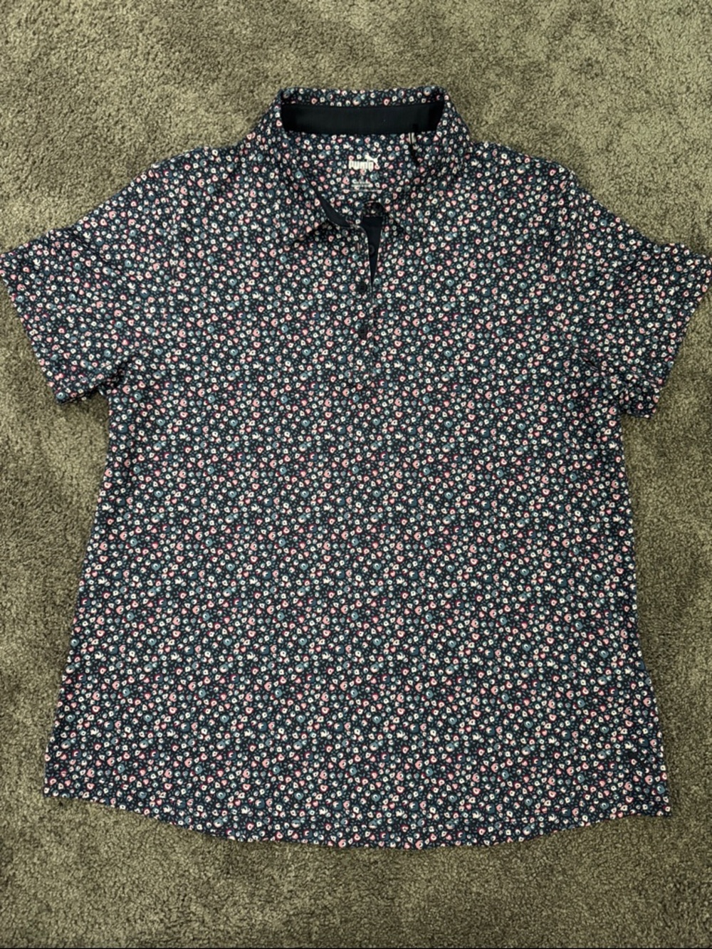 Puma Navy golf Polo with Pink & White Floral Print women’s Large UPF 40 NWT